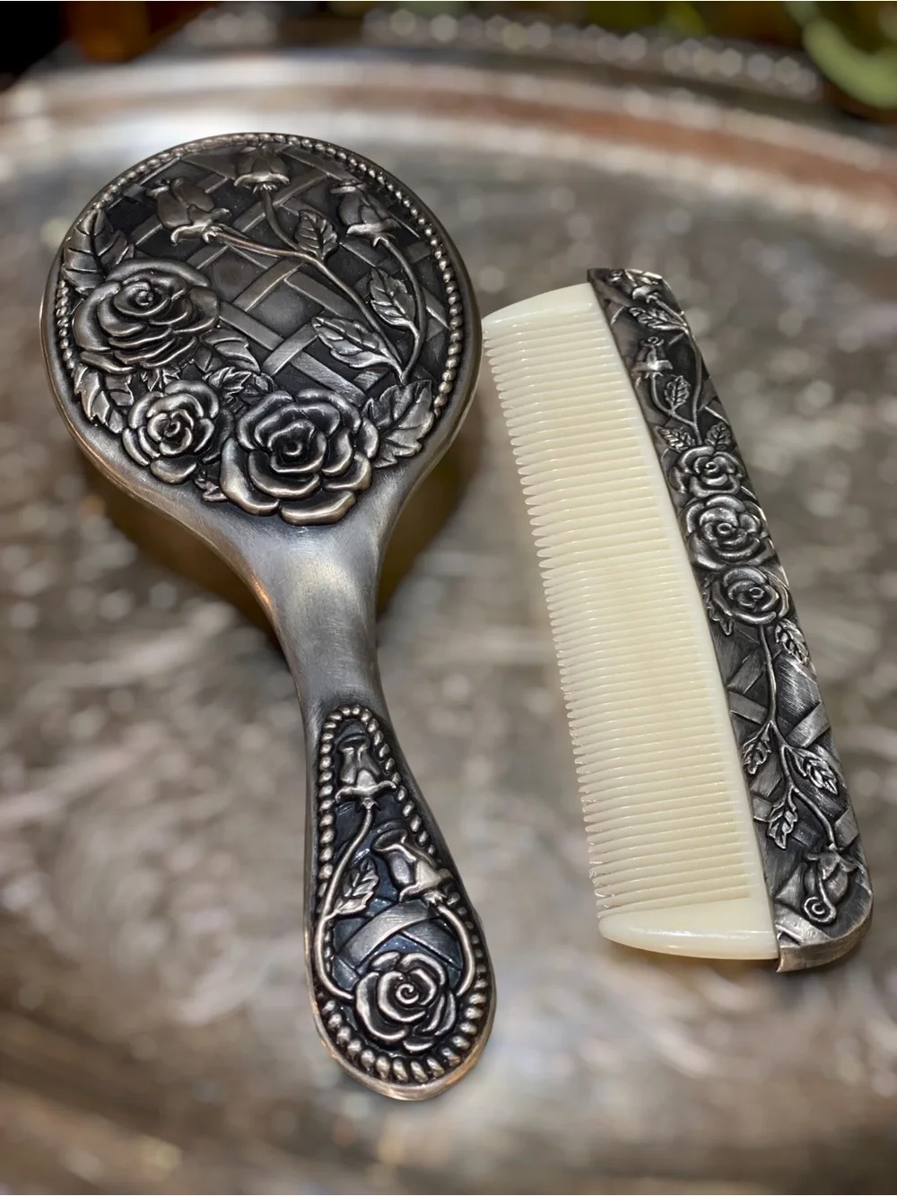 Vintage Silver Floral Vanity Set with Brush and Comb